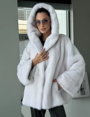 Белый норковый полушубок с капюшоном кобра - фото 8