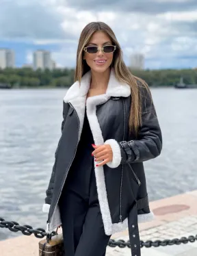 Черный авиатор на белой овчине - фото 0