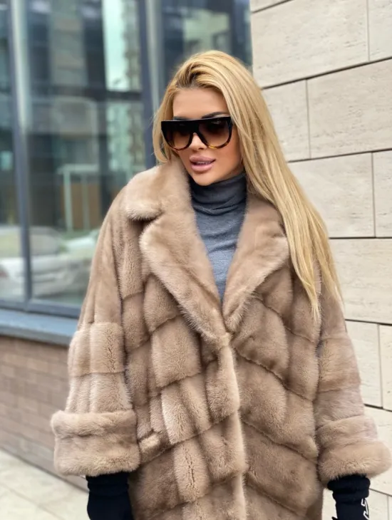 Шуба из датской норки  с английским воротником - цвет палевый - фото 2