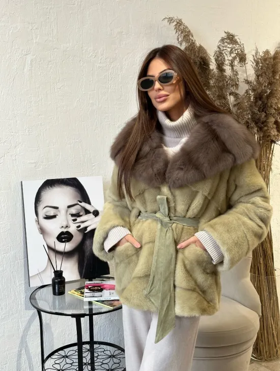 Куртка из меха норки с капюшоном  - цвет фисташка - фото 2