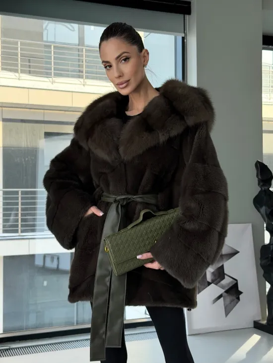 Норковое пончо шуба с капюшоном из меха куницы dark olive - фото 8