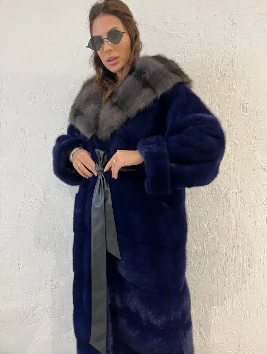 Шуба из меха норки с капюшоном куница - цвет электрик - фото 5