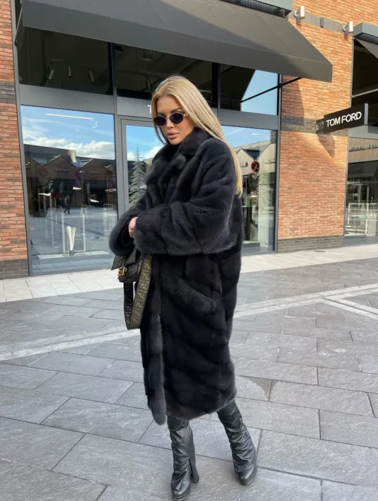 Шуба из меха норки с английским воротником - цвет графит - фото 0
