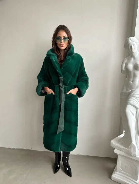 Норковая шуба с английским воротником - цвет изумруд - фото 0