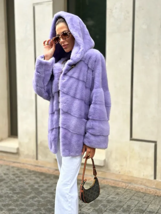 Короткая норковая шуба с капюшоном - цвет лиловый - фото 3