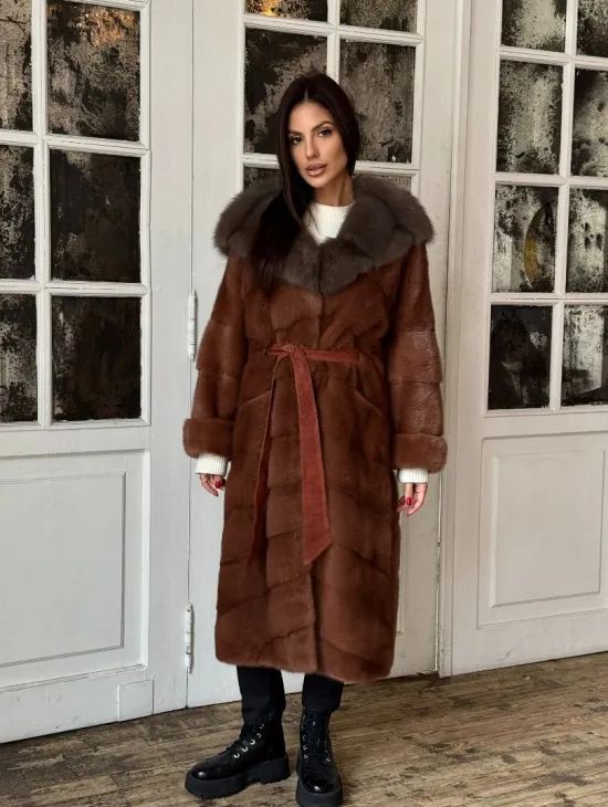 Эксклюзивная норковая шуба с капюшоном из куницы - цвет терракотовый - фото 11