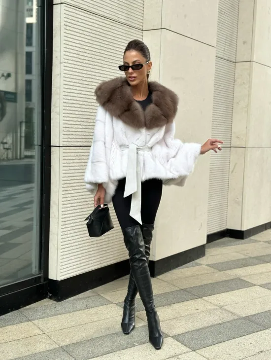 Шуба норковая пончо капюшон куница - белый жемчуг - фото 5