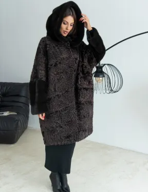 Уголь шуба из каракульчи и норки с капюшоном - фото 0