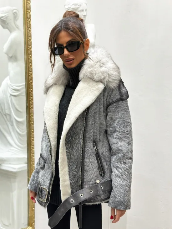 Дубленка из натуральной овчины - цвет серый - фото 1