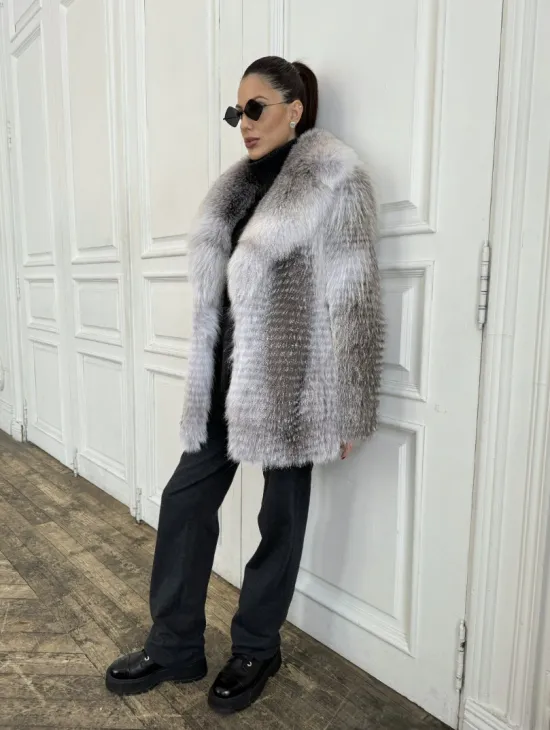 Шуба из меха арктической лисы - серая - фото 6