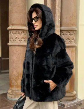Черная норковая шуба с капюшоном - фото 6