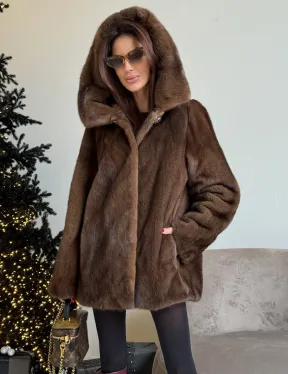 Норка автоледи с капюшоном, роспуск в цвете орех - фото 1