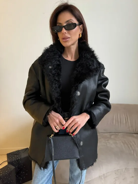 Двусторонняя дублёнка, мех тиградо - цвет черный - фото 2