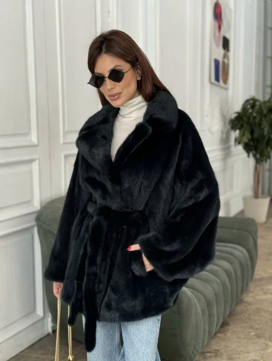 Шуба летучая мышь английский воротник, роспуск мех норка - цвет черный изумруд - фото 4