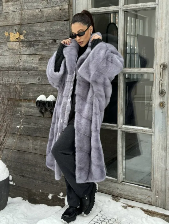 Шуба норковая в стиле Oversize - цвет серый сапфир - фото 2