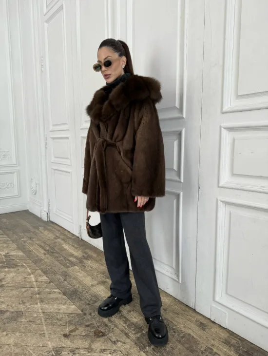 Норка летучая мышь роспуск с капюшоном куница - цвет орех - фото 8