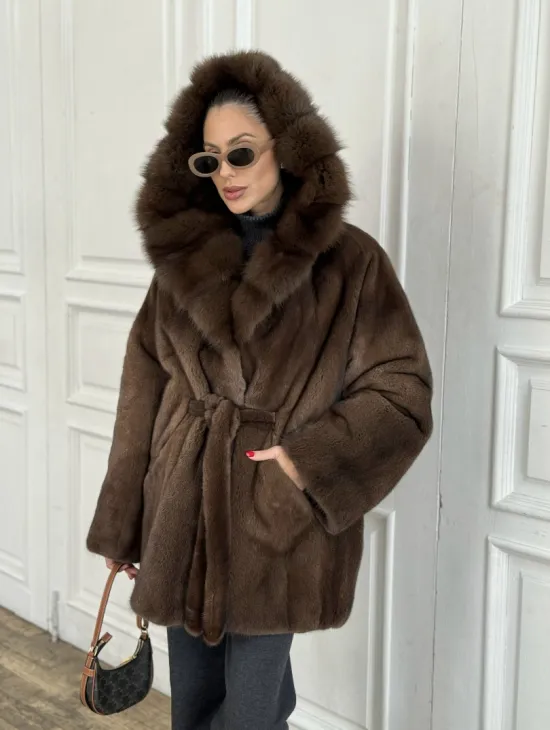 Норка летучая мышь роспуск с капюшоном куница - цвет орех - фото 5