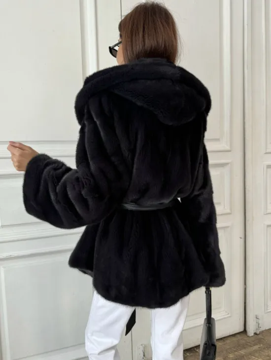 Норковый жакет с капюшоном, роспуск - цвет графит - фото 2