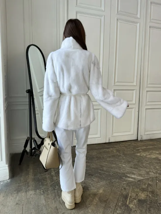 Белая шуба из меха норки (крестовка) стойка воротник - фото 7