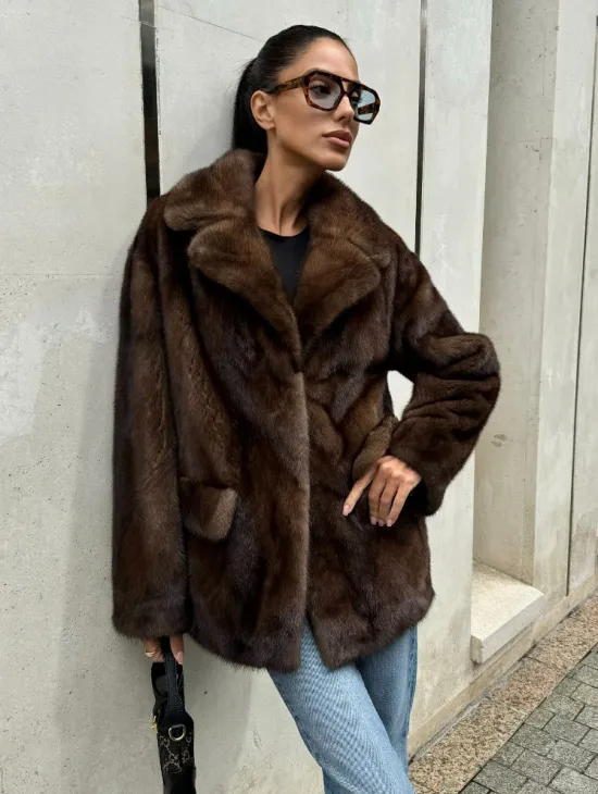 Шуба норковая - жакет с английским воротником цвет соболь - фото 2